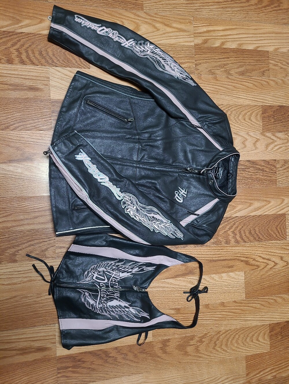 Harley Davidson Leather Jacket & Halter Top Set Pink Black Winged W's M/L READ